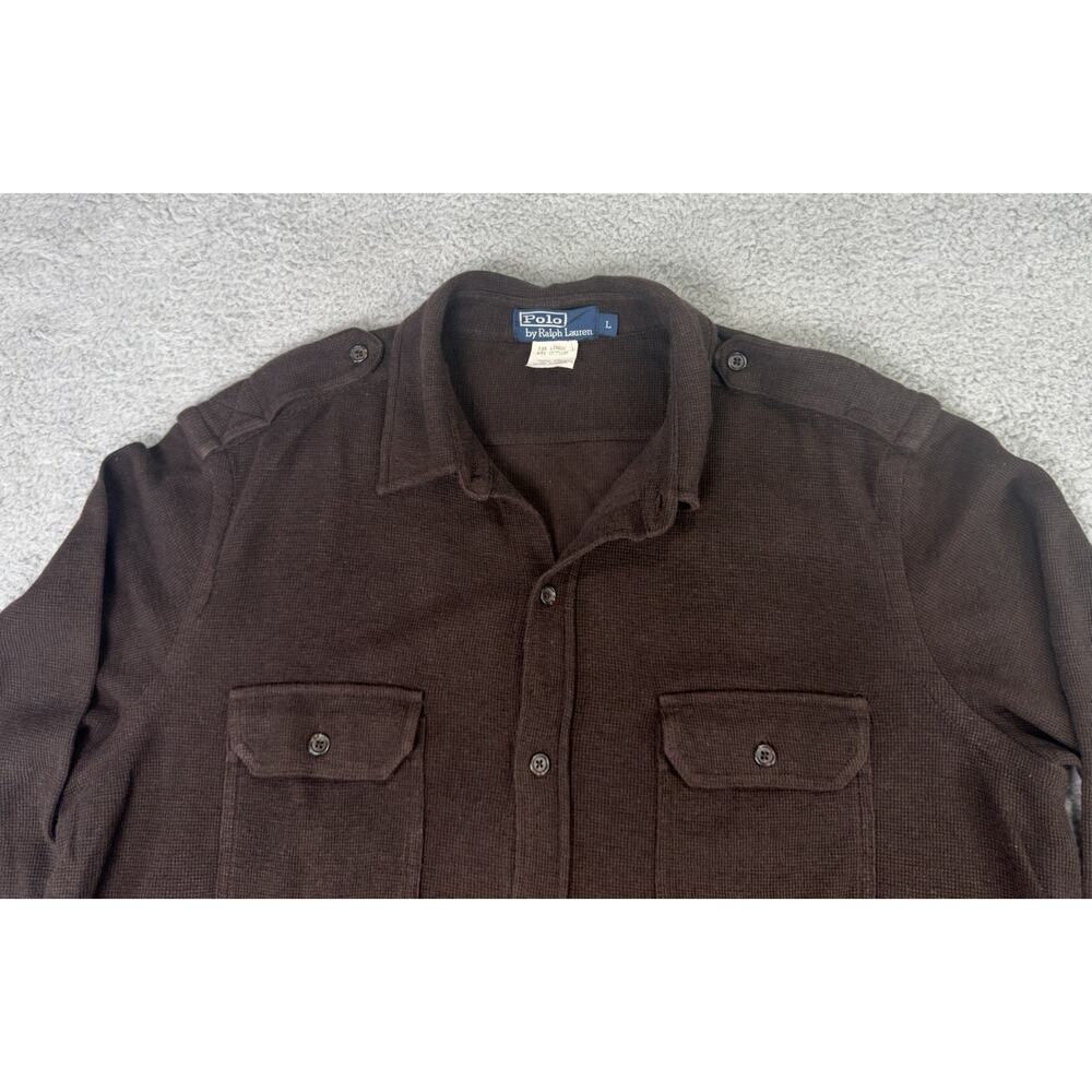 Vtg Polo Ralph Lauren Brown Cotton Linen Button Down Epaulets Chest Pocket Men L